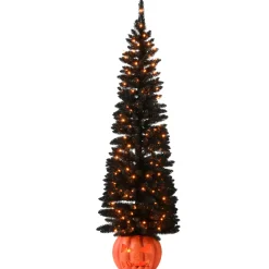 National Tree Company 6 ft Halloween Pre-Lit Black Tree with LED Lights, Pumpkin Base