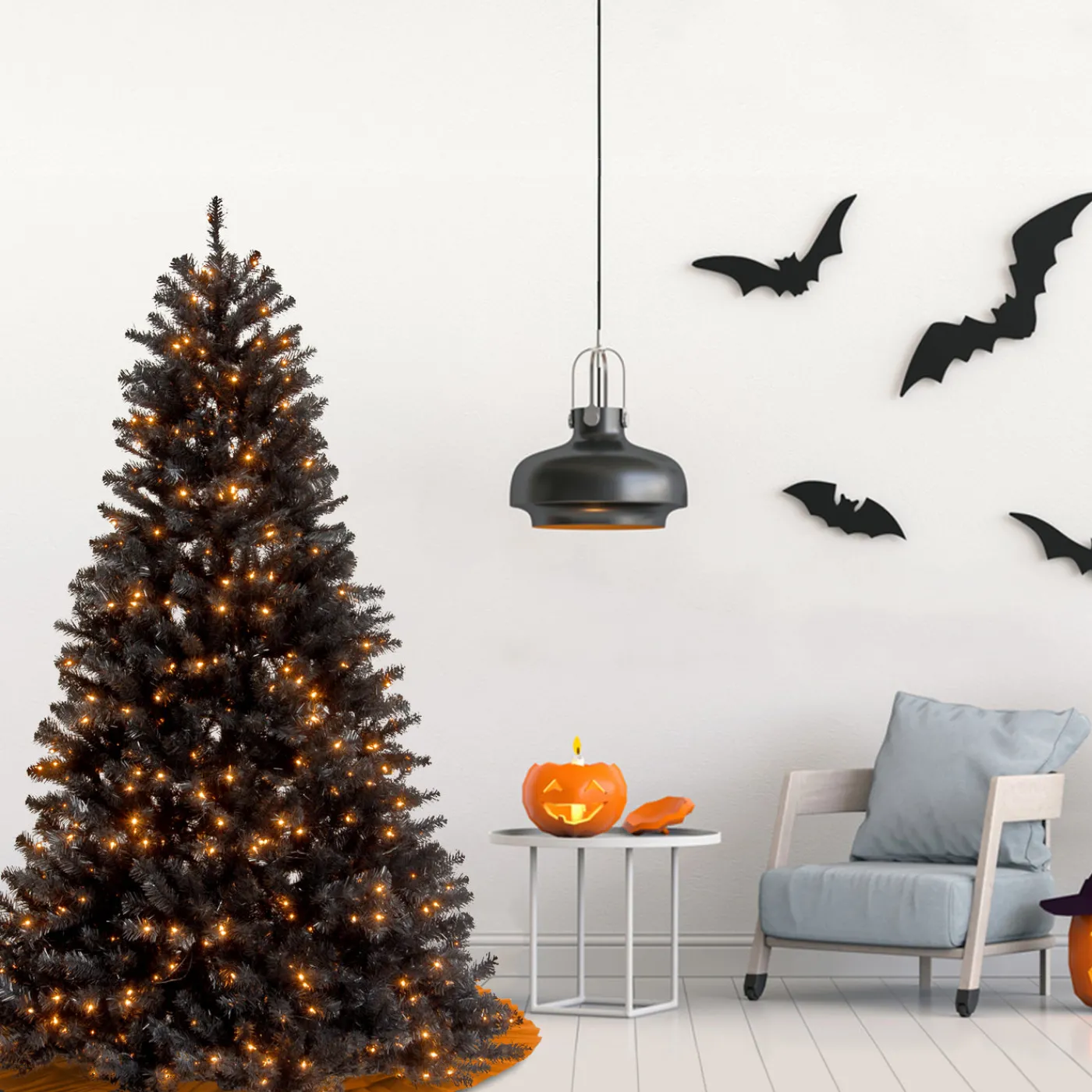 National Tree Company 7 ft. Halloween Pre-Lit North Valley Spruce Full Black Tree with White Lights