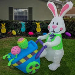 National Tree Company 4 ft. Inflatable Easter Bunny with Wheelbarrow Decoration
