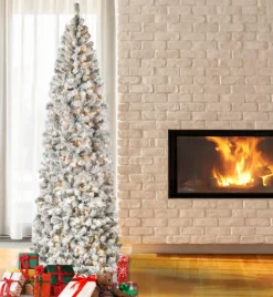 National Tree Company 9 ft. Pre-Lit Acacia Flocked Slim Tree with Clear Lights