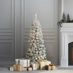 National Tree Company 4.5 ft. Pre-Lit Acacia Pencil Slim Flocked Tree with Clear Lights