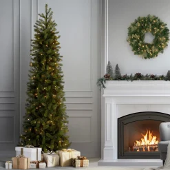 National Tree Company 7.5 ft. Pre-Lit Downswept Douglas Fir Pencil Slim Tree with Clear Lights