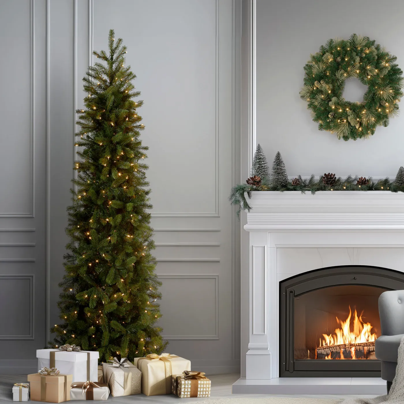 National Tree Company 6.5 ft. Pre-Lit Downswept Douglas Fir Pencil Slim Tree with Clear Lights