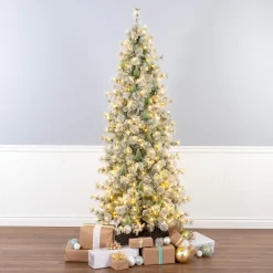 National Tree Company 7.5 ft. Pre-Lit Snowy Bottle Brush Slim Tree with Clear Lights