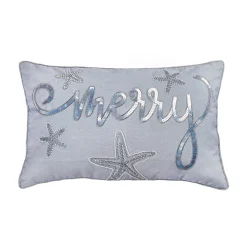 National Tree Company 14 in by 22 in. Coastal Merry Embroidered Pillow, Blue, Silver