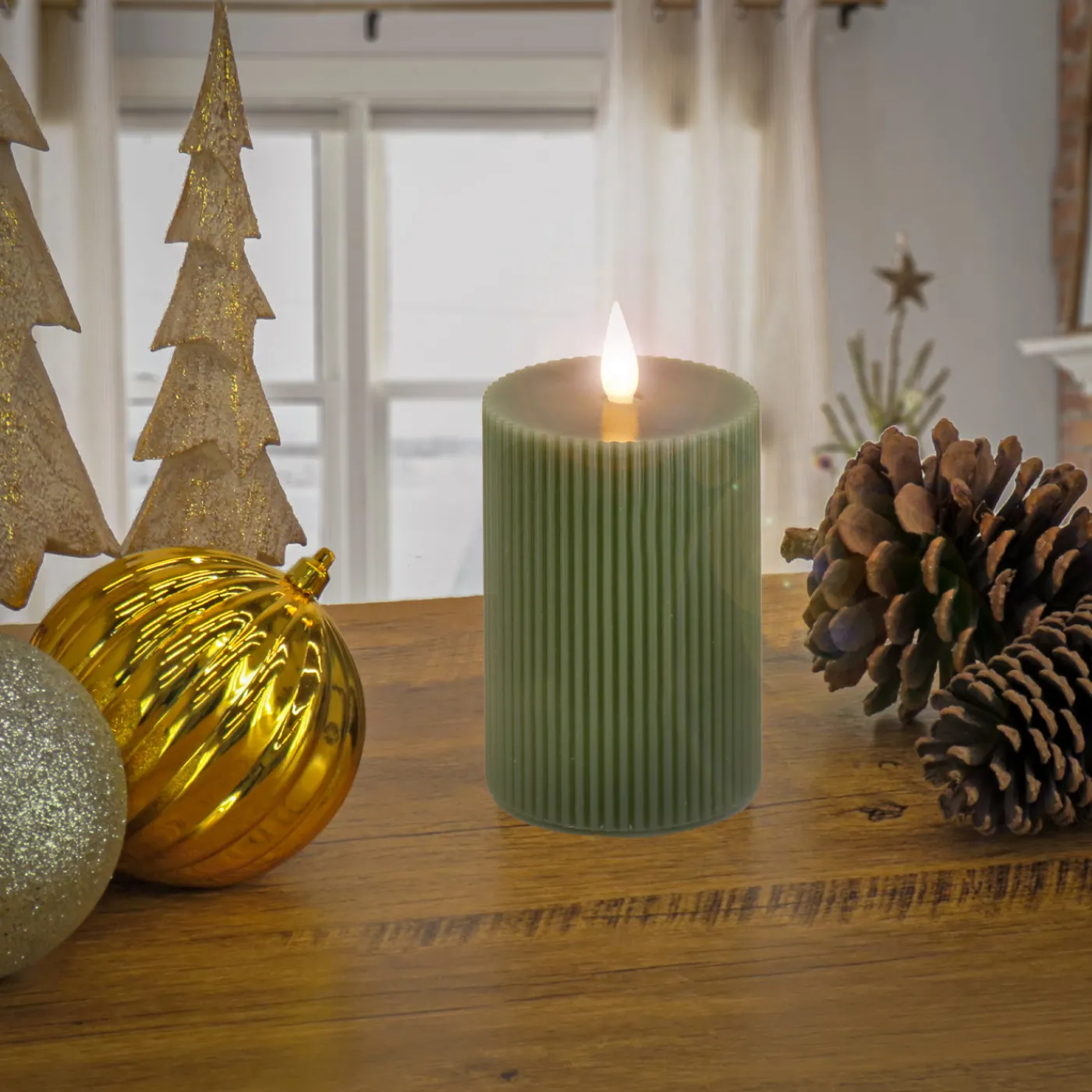 National Tree Company 4 in. by 8 in. HGTV Home Collection Flameless Georgetown Pillar Candle, Dk Green