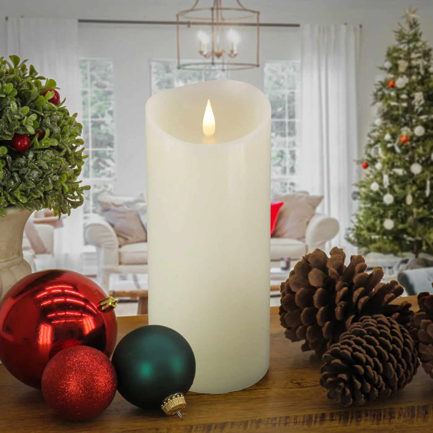 National Tree Company 4 in. by 10 in. HGTV Home Collection Flameless Heritage Pillar Candle, Ivory