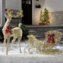 National Tree Company 48 in. Champagne Reindeer Pulling 38 in. Sleigh
