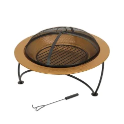 National Tree Company 33 in. Copper Finish Hammered Steel Outdoor Fire Pit with Black Stand, Cover, Fire Poker