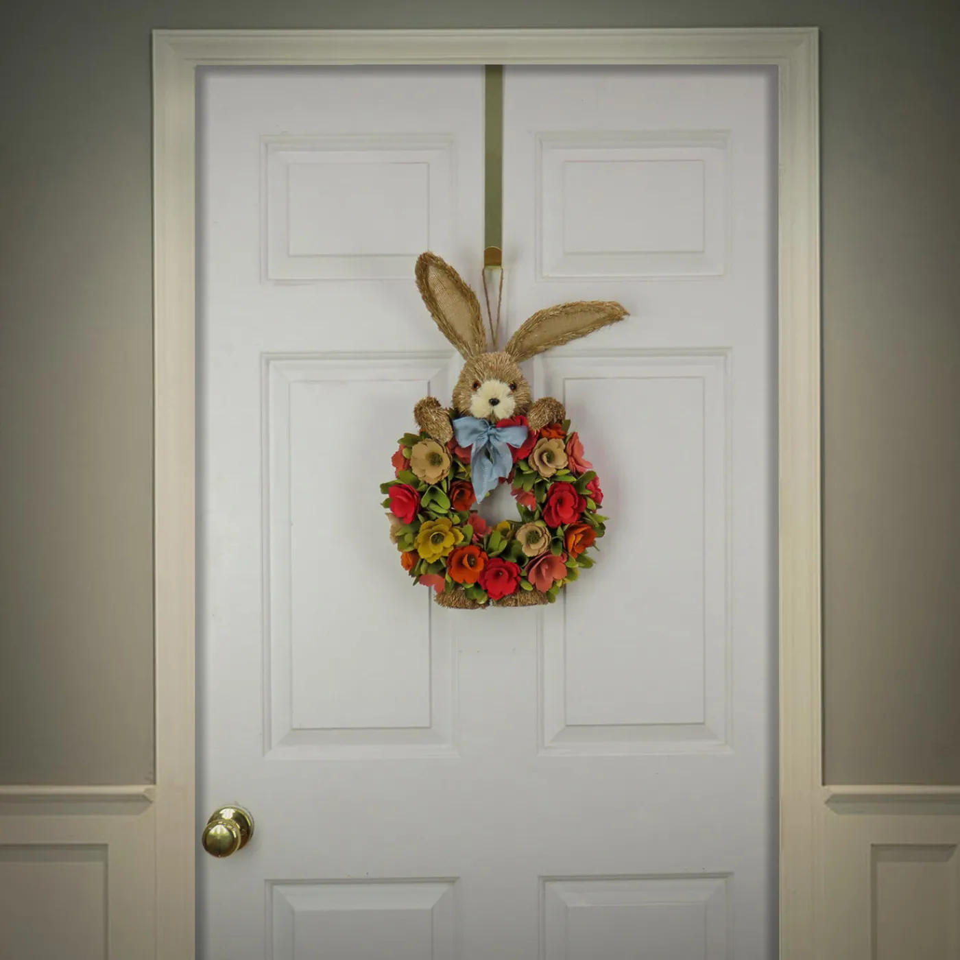 National Tree Company 20 in. Easter Wreath Decorated with Red, Orange and Green Flower Blooms, Bunny Head and Feet
