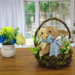 National Tree Company 10 in. Easter Bunny with Blue Bow in Floral Basket Table Decoration