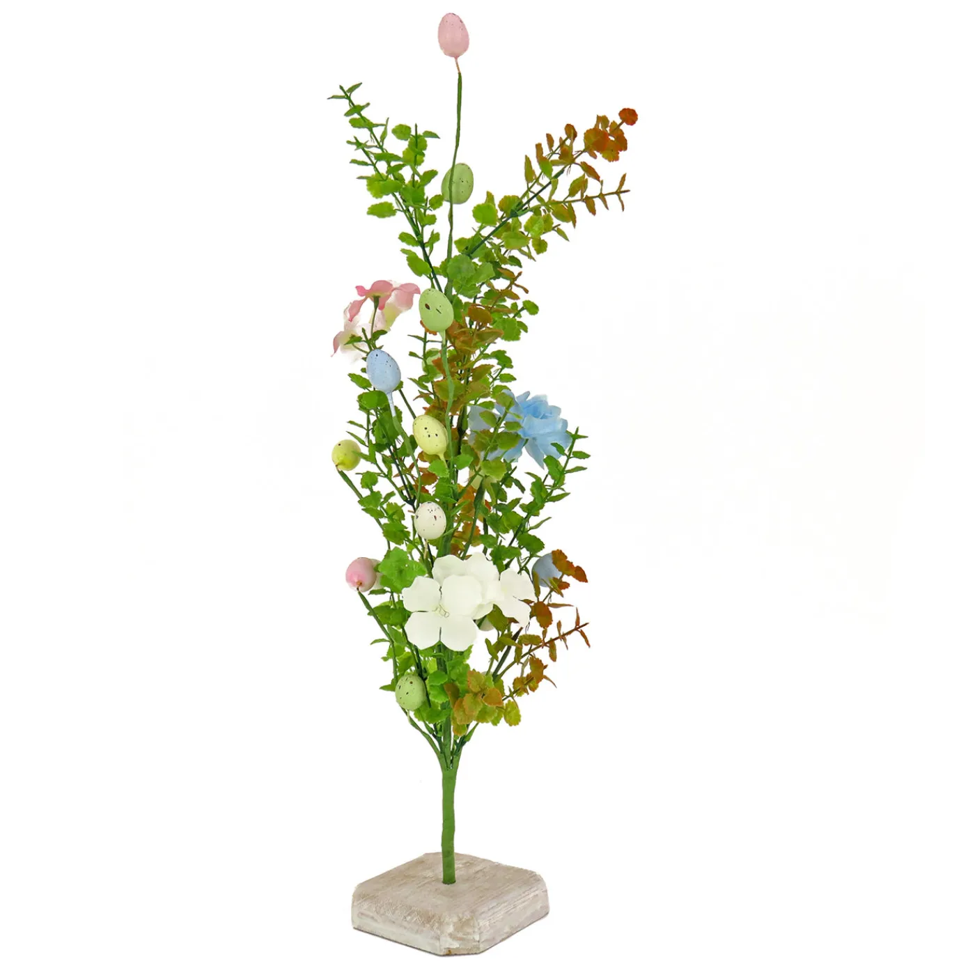 National Tree Company 24 in. Easter Decorative Tree Decorated with Pastel Eggs and Flower Blooms, and Wooden Block Base