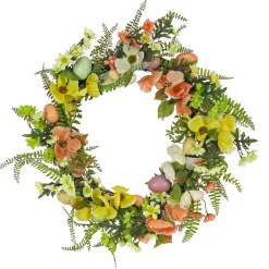 National Tree Company 22 in. Easter Wreath Decorated with Colorful Pastel Eggs, Pink and Yellow Flowers, Ferns, Leafy Greens