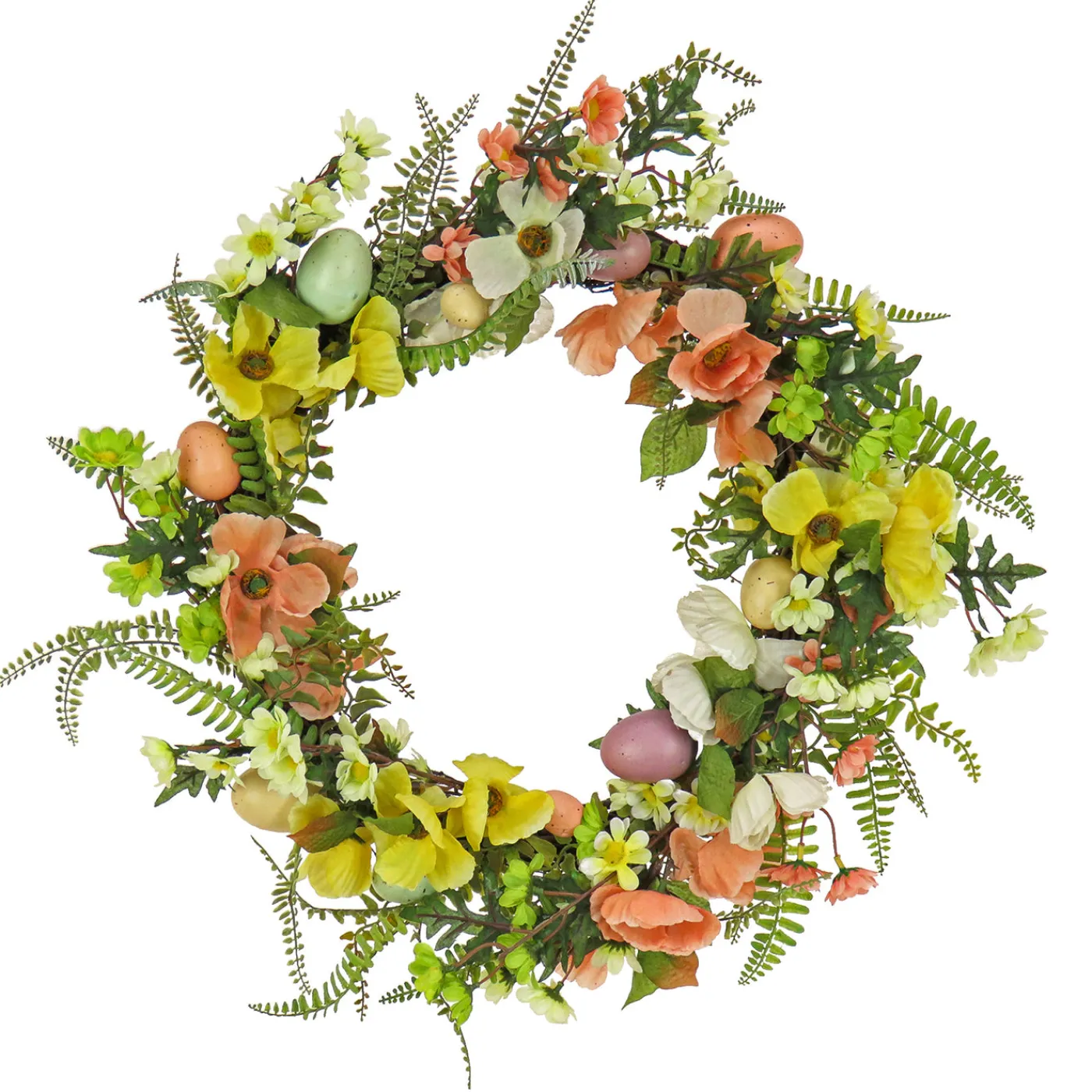National Tree Company 22 in. Easter Wreath Decorated with Colorful Pastel Eggs, Pink and Yellow Flowers, Ferns, Leafy Greens
