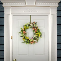 National Tree Company 22 in. Easter Wreath Decorated with Colorful Pastel Eggs, Pink and Yellow Flowers, Ferns, Leafy Greens