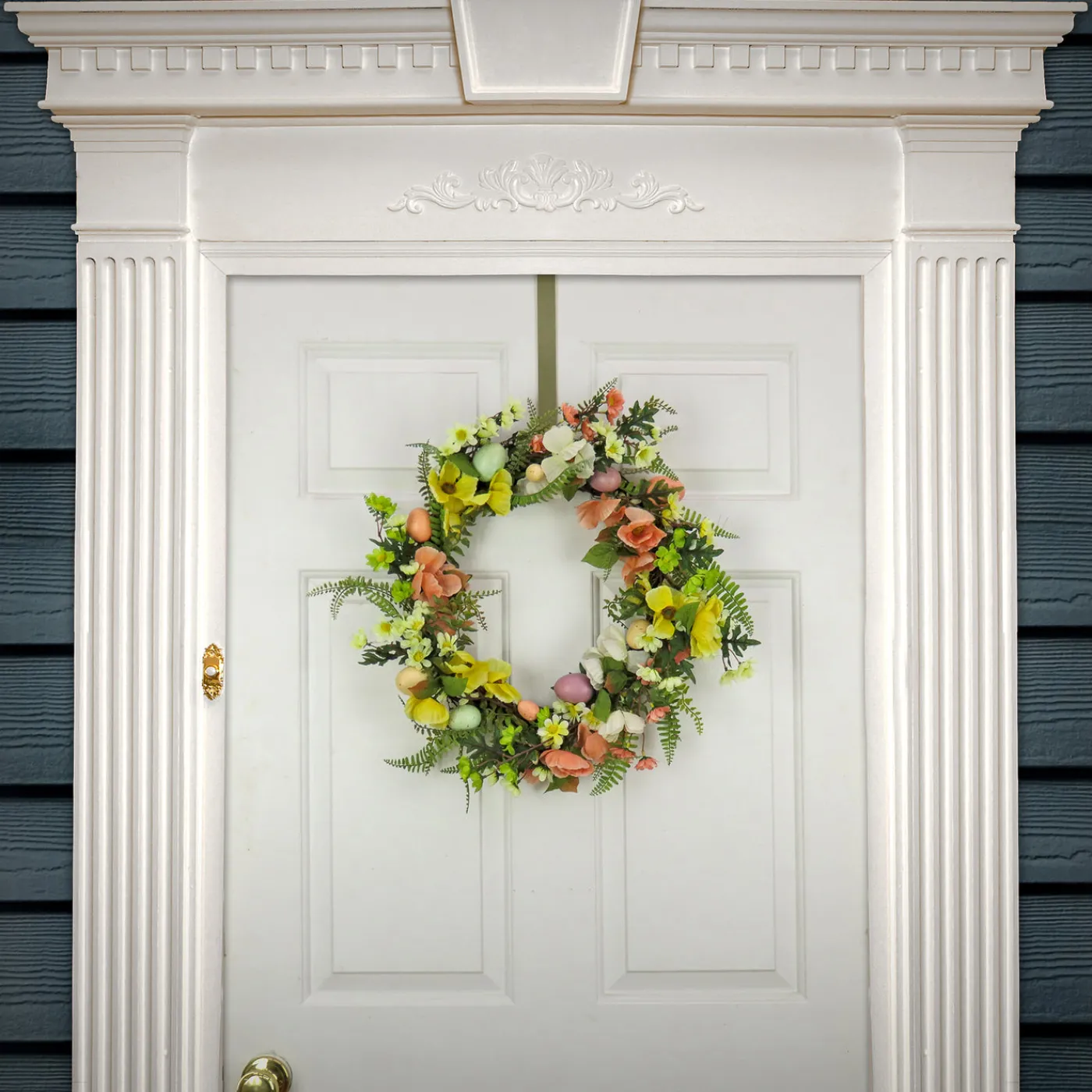 National Tree Company 22 in. Easter Wreath Decorated with Colorful Pastel Eggs, Pink and Yellow Flowers, Ferns, Leafy Greens