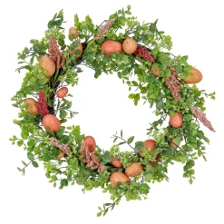 National Tree Company 22 in. Easter Wreath Decorated with Pink Pastel Eggs, Pink Flowers, Leafy Greens
