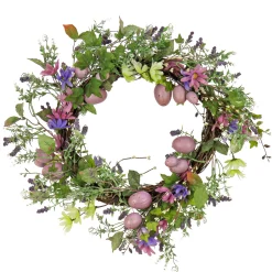 National Tree Company 22 in. Easter Wreath Decorated with Purple Pastel Eggs, Pink Flowers, Leafy Greens