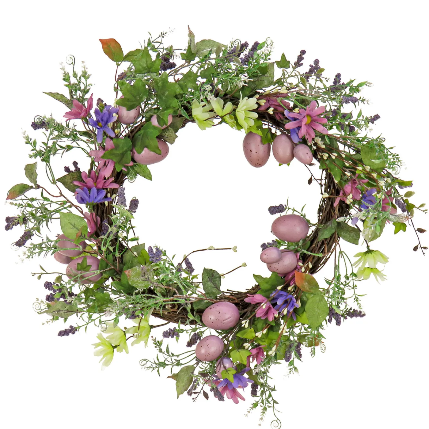 National Tree Company 22 in. Easter Wreath Decorated with Purple Pastel Eggs, Pink Flowers, Leafy Greens