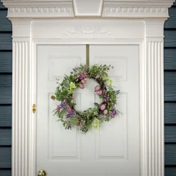 National Tree Company 22 in. Easter Wreath Decorated with Purple Pastel Eggs, Pink Flowers, Leafy Greens