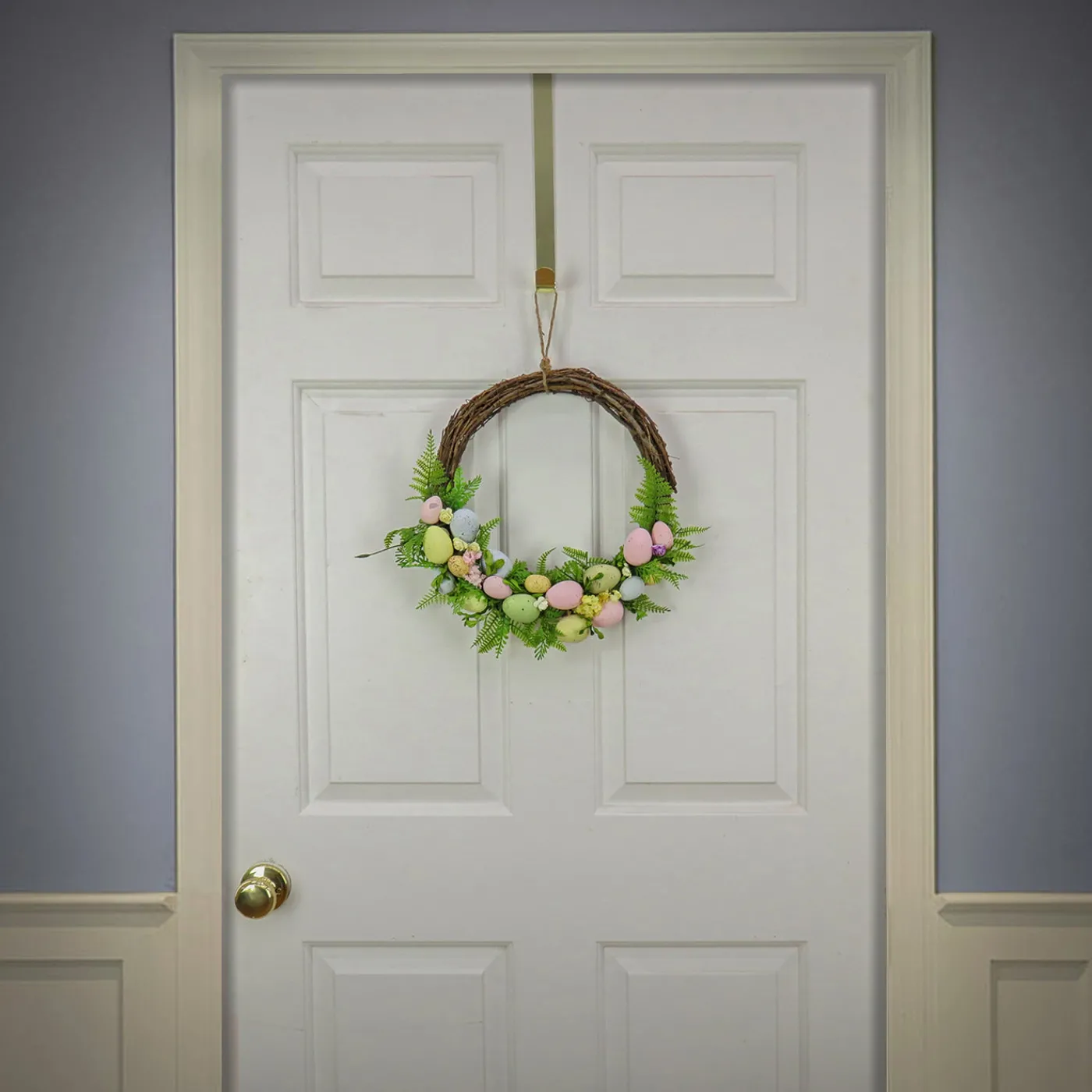 National Tree Company 16 in. Easter Wreath Decorated with Pastel Eggs, Fern Fronds, Flower Blooms