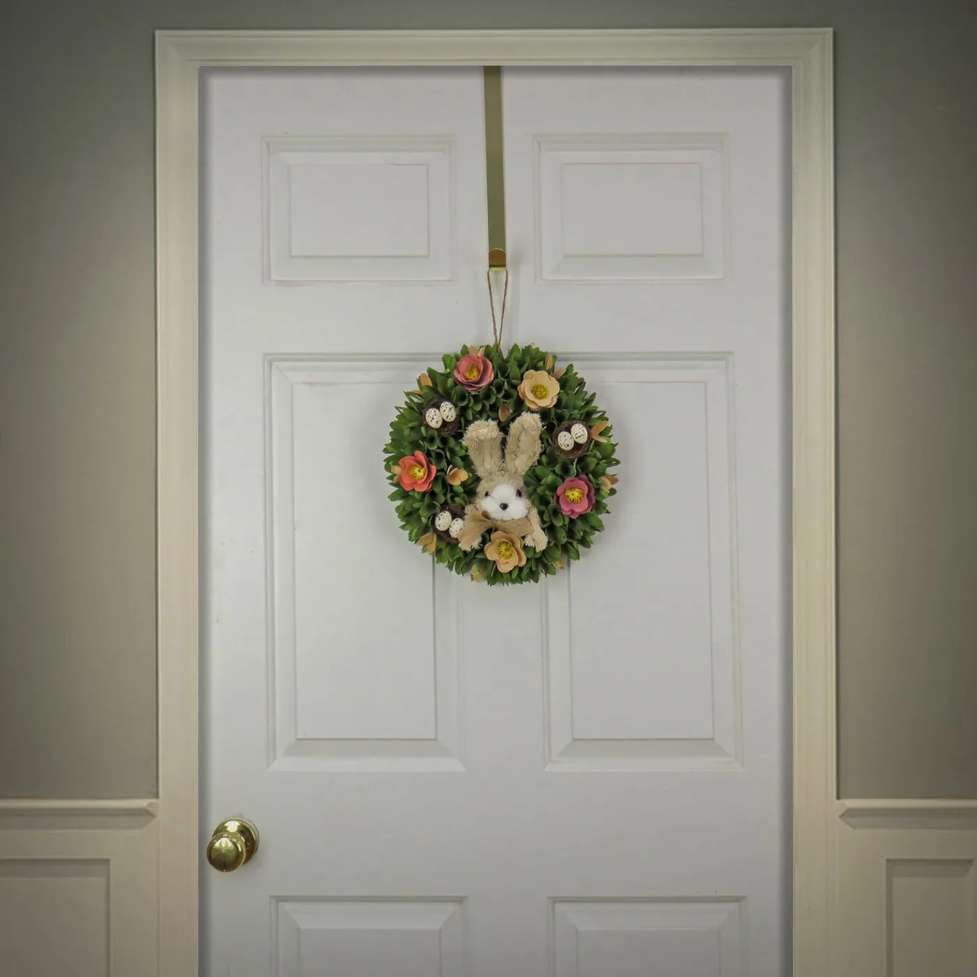 National Tree Company 13 in. Easter Wreath Decorated with Colorful Flower Blooms, Bunny and Pastel Eggs
