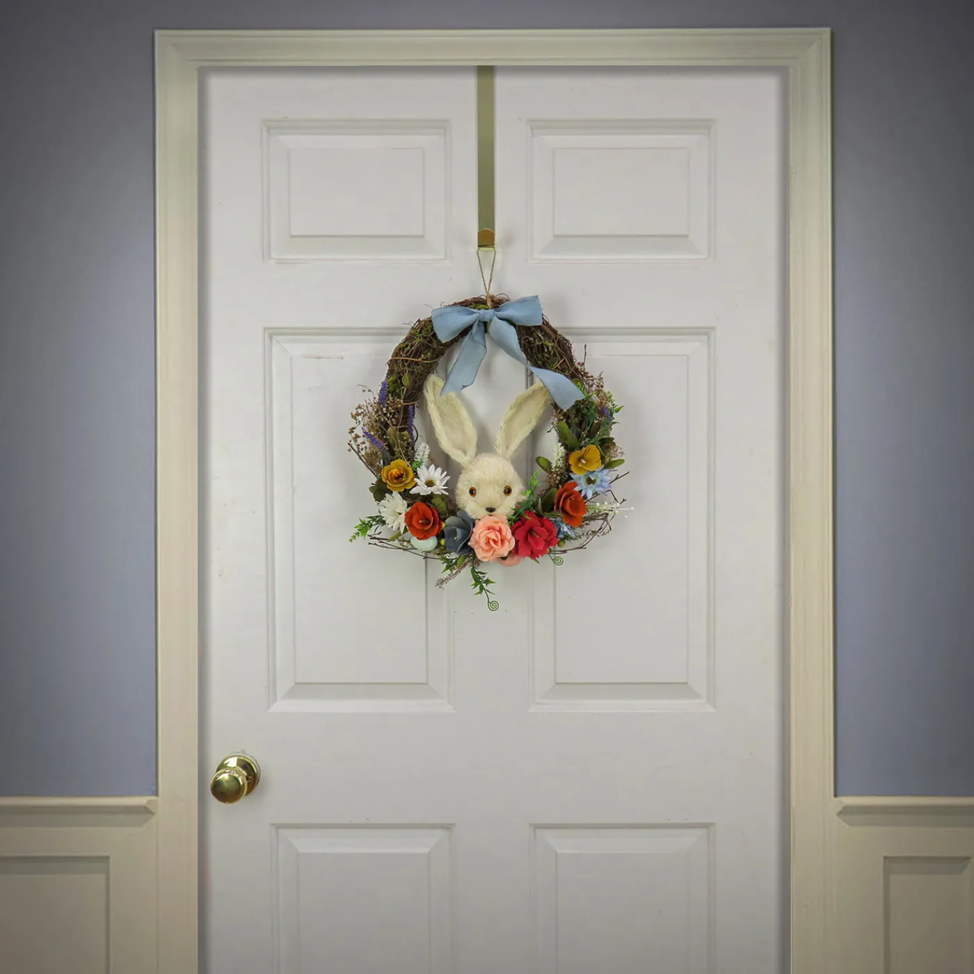 National Tree Company 16 in. Easter Wreath Decorated with Multicolor Flower Blooms, Leafy Greens, Bunny Head