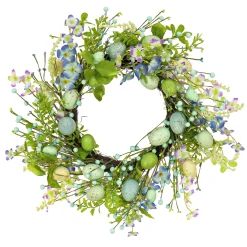 National Tree Company 20 in. Easter Wreath Decorated with Blue Flower Blooms, Pastel Eggs