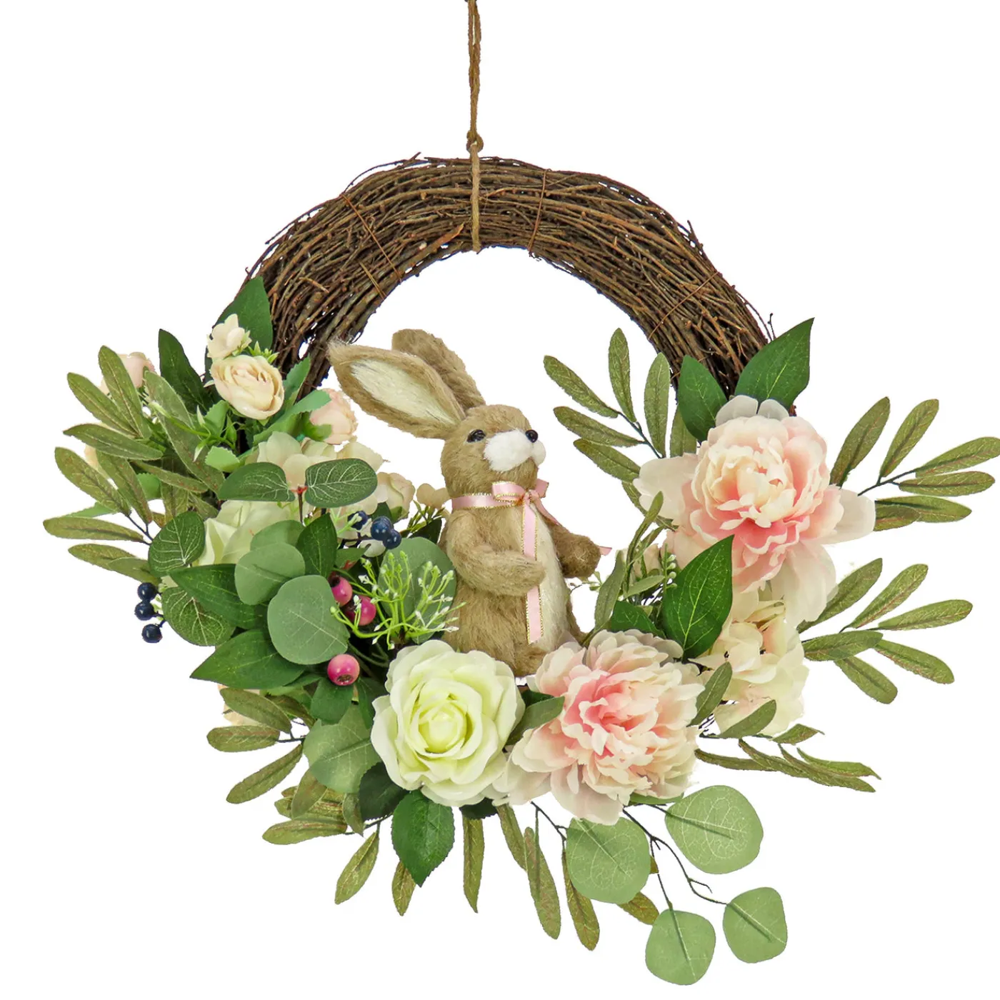 National Tree Company 18 in. Easter Wreath Decorated with Pastel Flower Blooms, Bunny, Leafy Greens