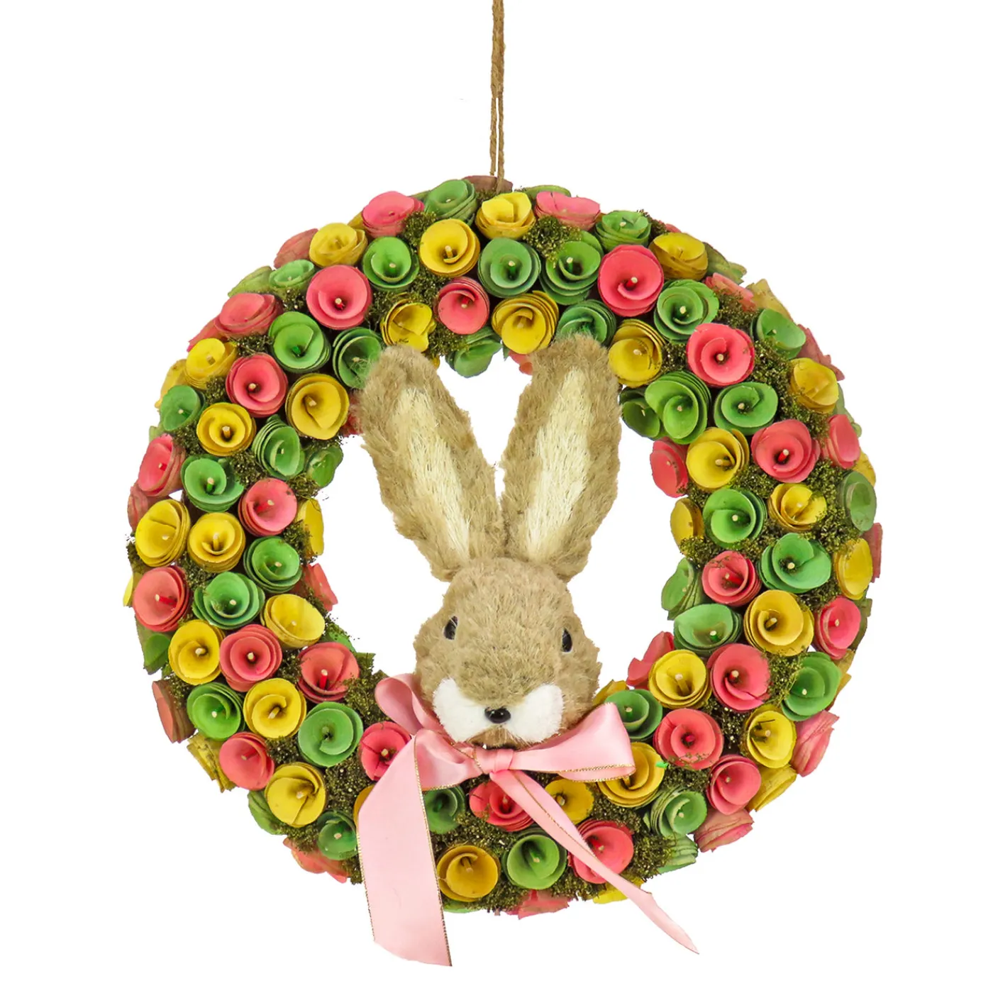 National Tree Company 16 in. Easter Wreath Decorated with Colorful Flower Blooms, Bunny Head