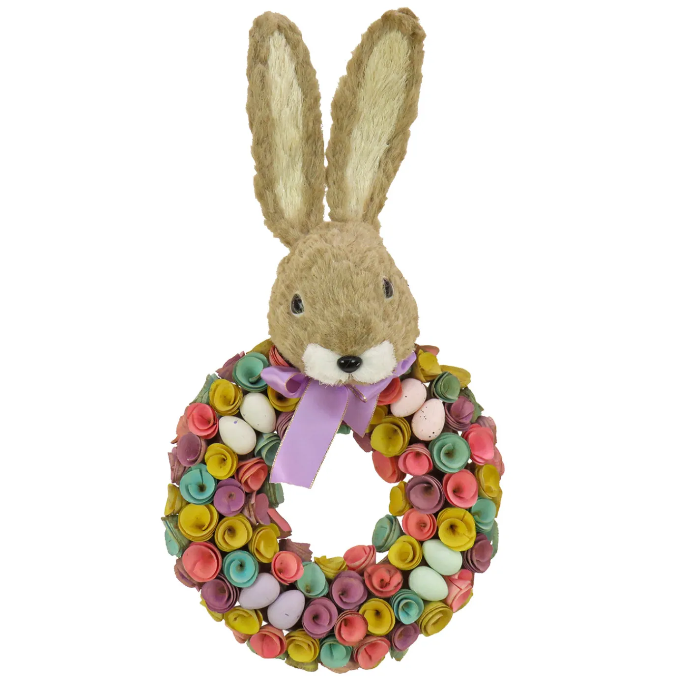 National Tree Company 24 in. Easter Wreath Decorated with Colorful Flower Blooms, Pastel Eggs, Bunny Head