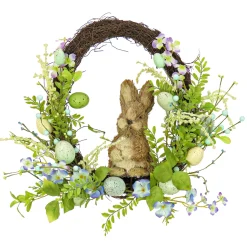 National Tree Company 16 in. Easter Wreath Decorated with Wooden Bunny, Blue Flower Blooms, Pastel Eggs, Berries