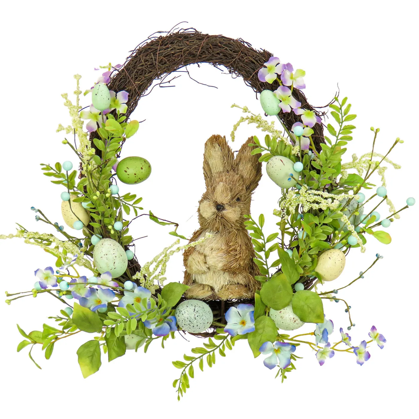 National Tree Company 16 in. Easter Wreath Decorated with Wooden Bunny, Blue Flower Blooms, Pastel Eggs, Berries