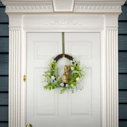 National Tree Company 16 in. Easter Wreath Decorated with Wooden Bunny, Blue Flower Blooms, Pastel Eggs, Berries