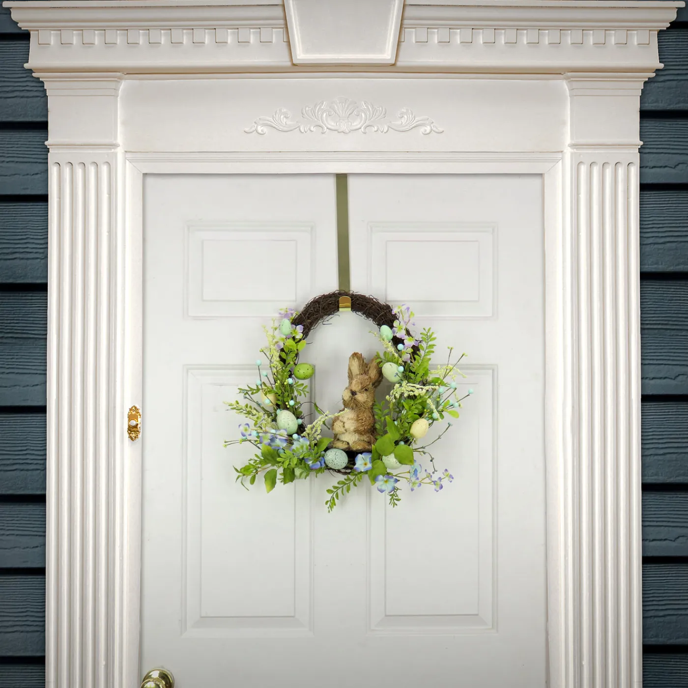 National Tree Company 16 in. Easter Wreath Decorated with Wooden Bunny, Blue Flower Blooms, Pastel Eggs, Berries