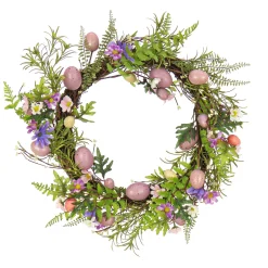 National Tree Company 22 in. Easter Wreath Decorated with Pink Pastel Eggs, Purple Flowers, Ferns, Leafy Greens