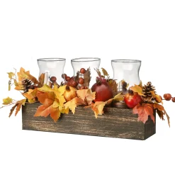 National Tree Company 24 in. Fall Centerpiece, Decorated With Maple Leaves, Pomegranates, Pine Cones, Holds Three Candles