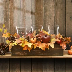 National Tree Company 24 in. Fall Centerpiece, Decorated With Maple Leaves, Pomegranates, Pine Cones, Holds Three Candles
