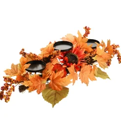 National Tree Company 24 in. Fall Centerpiece, Three Candle Holders, Decorated with Sunflower Blooms, Pinecones, Berry Clusters