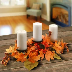 National Tree Company 24 in. Fall Centerpiece, Three Candle Holders, Decorated with Sunflower Blooms, Pinecones, Berry Clusters