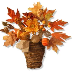National Tree Company 16 in. Fall Flowers in Wicker Basket with Pumpkins, Gourds, Berry Clusters, Burlap, Maple Leaves