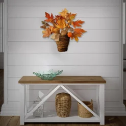 National Tree Company 16 in. Fall Flowers in Wicker Basket with Pumpkins, Gourds, Berry Clusters, Burlap, Maple Leaves