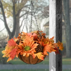 National Tree Company 18 in. Fall Hanging Basket with Maple Leaves, Sunflowers, Cones, Berries, Pumpkin