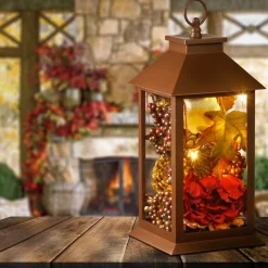 National Tree Company 12 in. Fall Lantern with LED Lights, Filled with Pumpkins, Leaves, Flowers, Berry Clusters