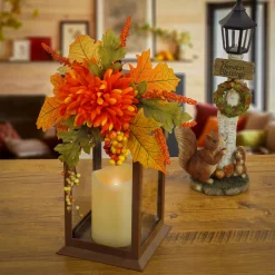 National Tree Company 14 in. Fall Lantern with Mum Flower, Mixed Leaves, Berry