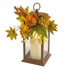 National Tree Company 14 in. Fall Lantern with Sunflower, Mixed Leaves, Berry, Pumpkin