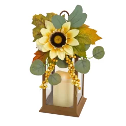National Tree Company 13 in. Fall Lantern with Sunflower, Maple Leaves, Eucalyptus, Berry