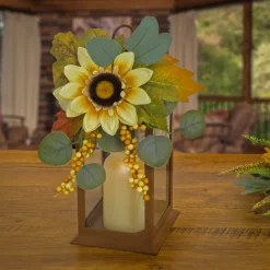 National Tree Company 13 in. Fall Lantern with Sunflower, Maple Leaves, Eucalyptus, Berry