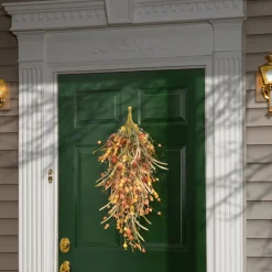 National Tree Company 30 in. Fall Teardrop Decoration with Seed Stalks, Straw Fronds, Assorted Leaves