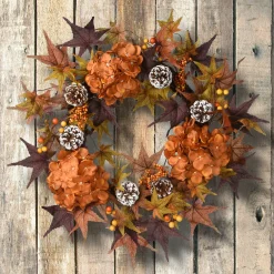 National Tree Company 24 in. Fall Wreath with Hydrangeas, Maple Leaves, Pinecones, Berry Clusters
